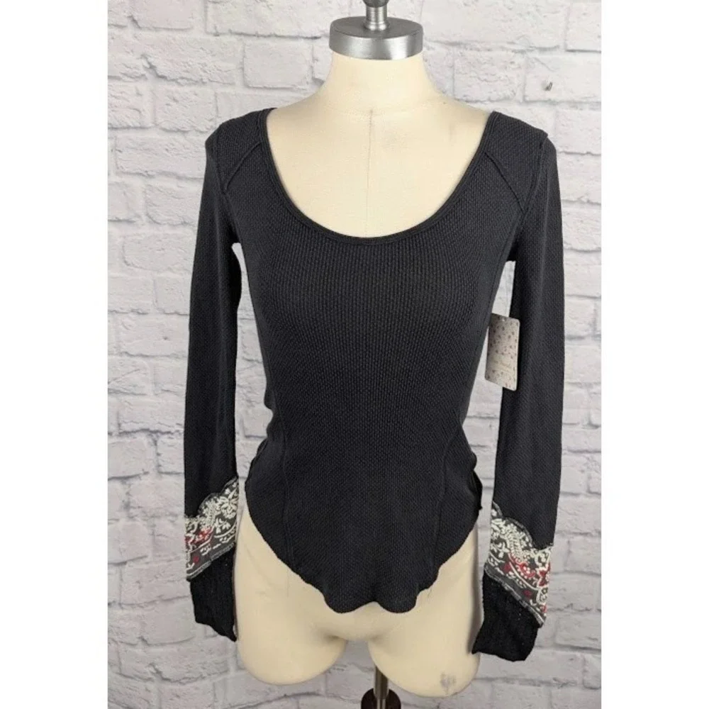 Free People Bandana Cuff Thermal Top Black Size XS